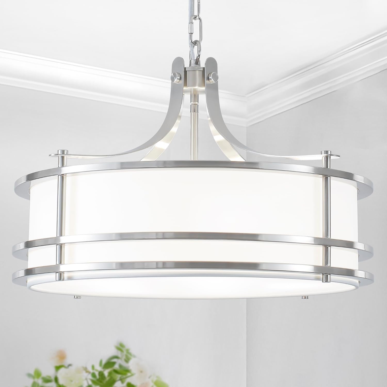 20" Brushed Nickel Drum Chandeliers for Dining Room, 5-Light Modern White Fabric Chandelier Large Drum Pendant Light with Round Linen Shades for Kitchen Island Living Room Bedroom Hallway Nickel and White 20 Inch