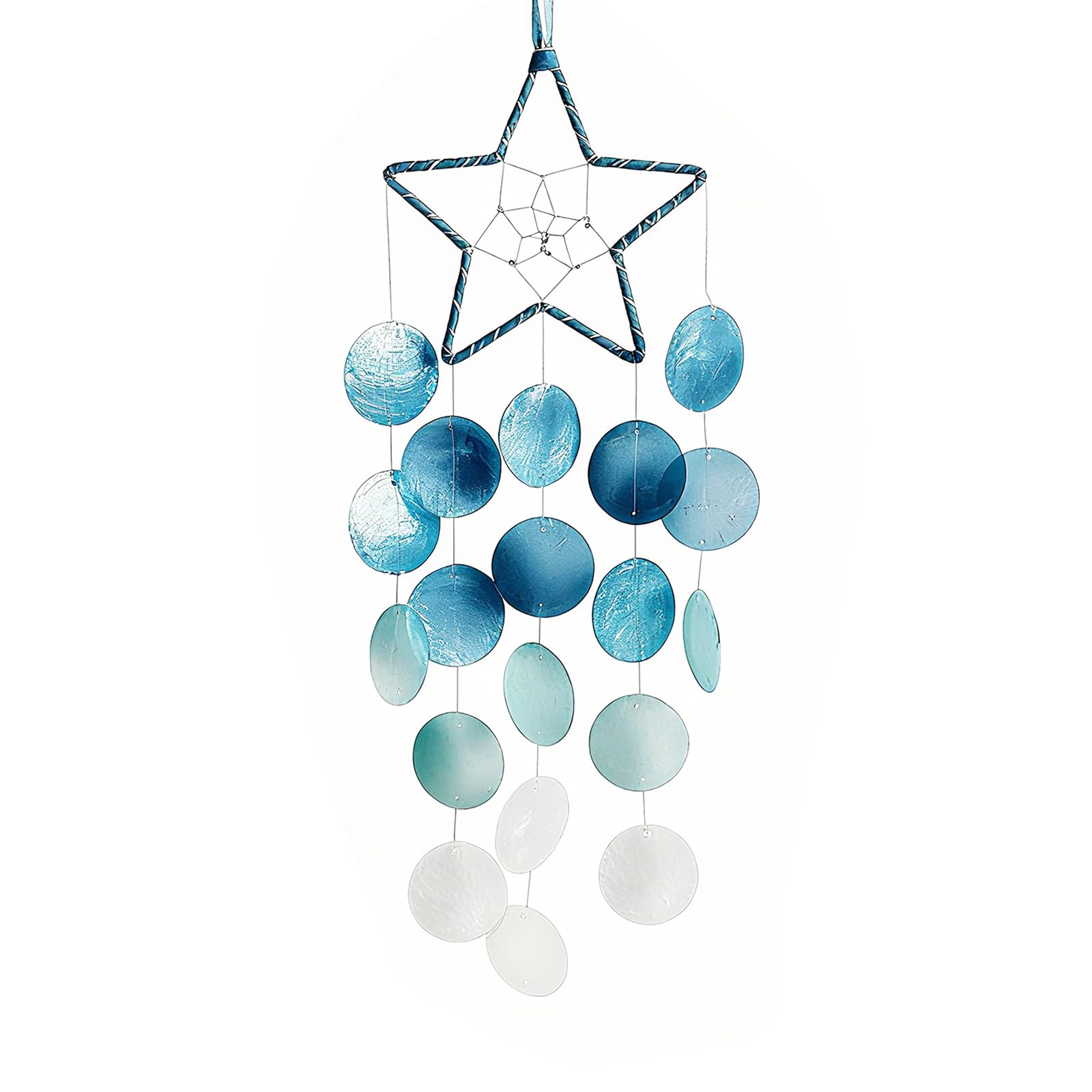Carillon vento conchiglie appeso esterni - Artigianale, dipinto - Decor blu bianco spiaggia oceano - Per casa e giardino - Regalo ricordo o condoglianze