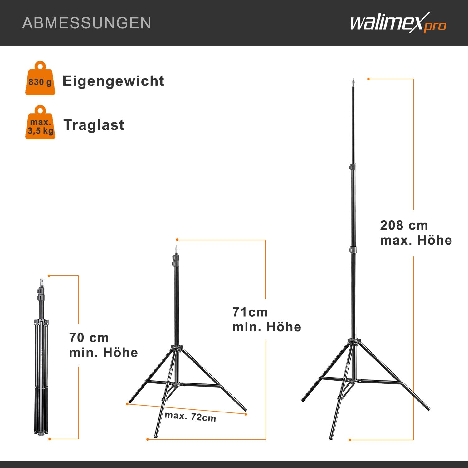 Walimex pro WT-803 Lampenstativ höhenverstellbar bis 208 cm, Lichtstativ aus Aluminium mit Tasche + Adapter, Studiostativ max. Traglast 3,5 kg, Blitzstativ für Studio und Mobil