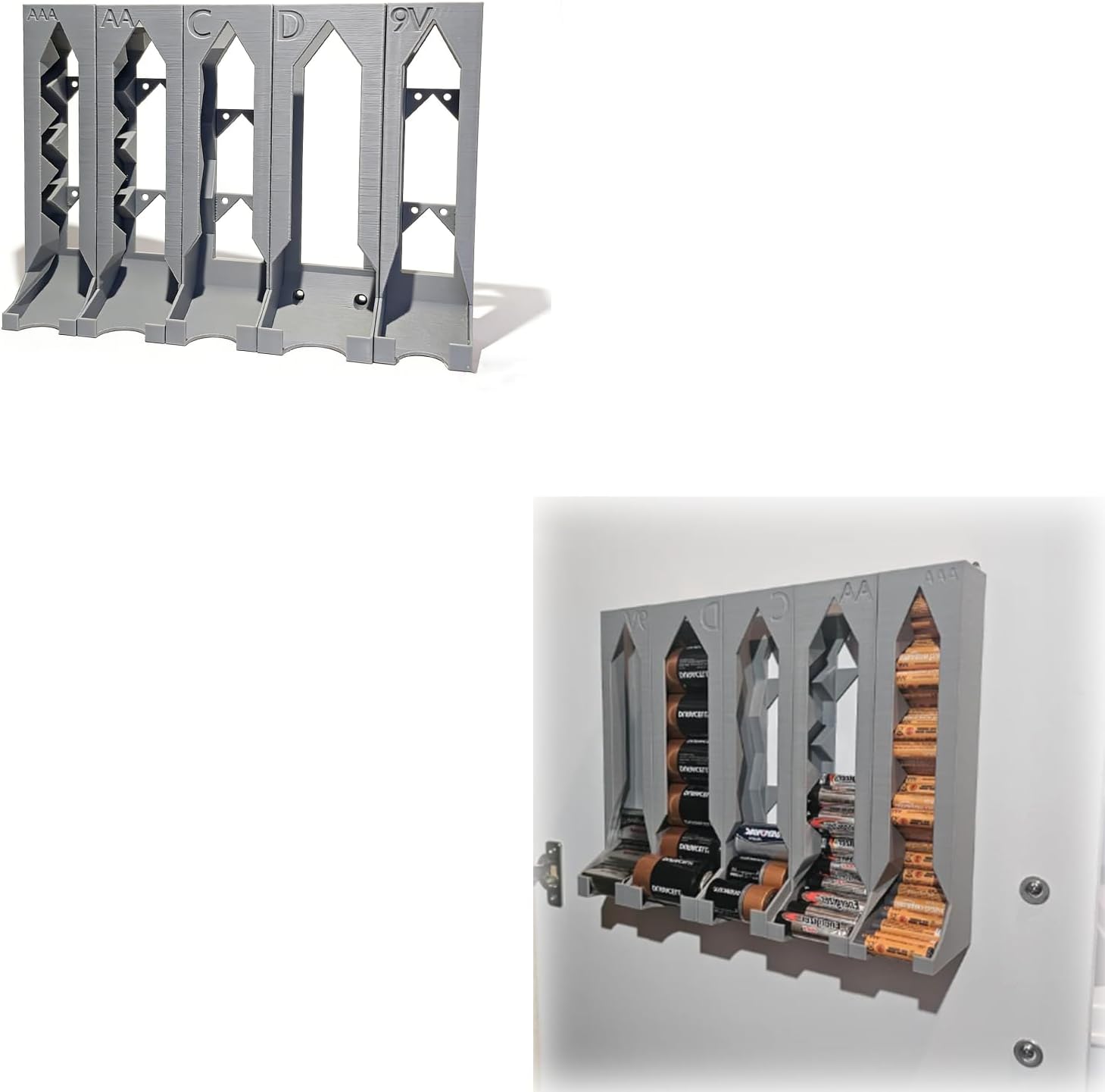 Battery Storage Dispensers,Wall-Mounted Battery Organizer Set, Suitable for AA, AAA, C, D, and 9V Batteries, Vertical Installation, 5-Piece Set, Easy Installation (Grey)
