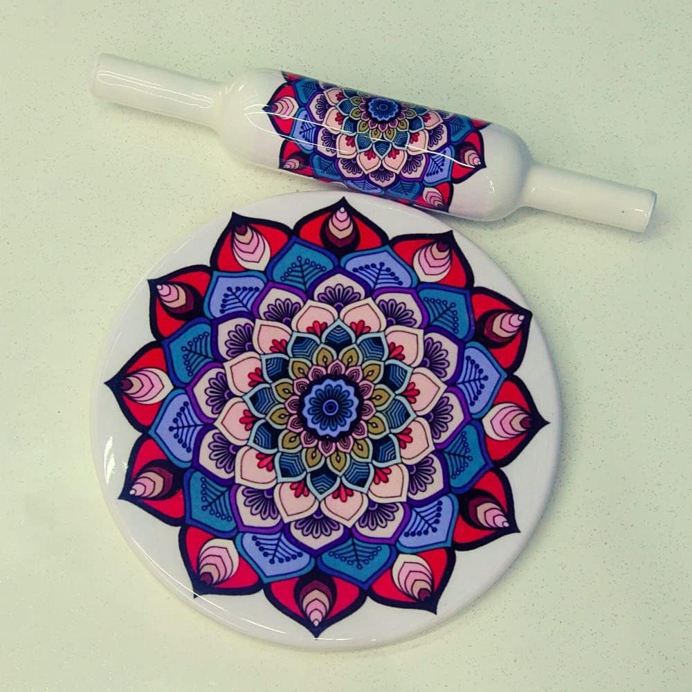 Home Arts Premium Natural Marble Chakla Roti Maker Rolling Board with Wooden Belan | No Dyes or Polish - Natural Finish | Chopping Board Home House Ghar Kitchen Rasoi Gift Decor (10.)