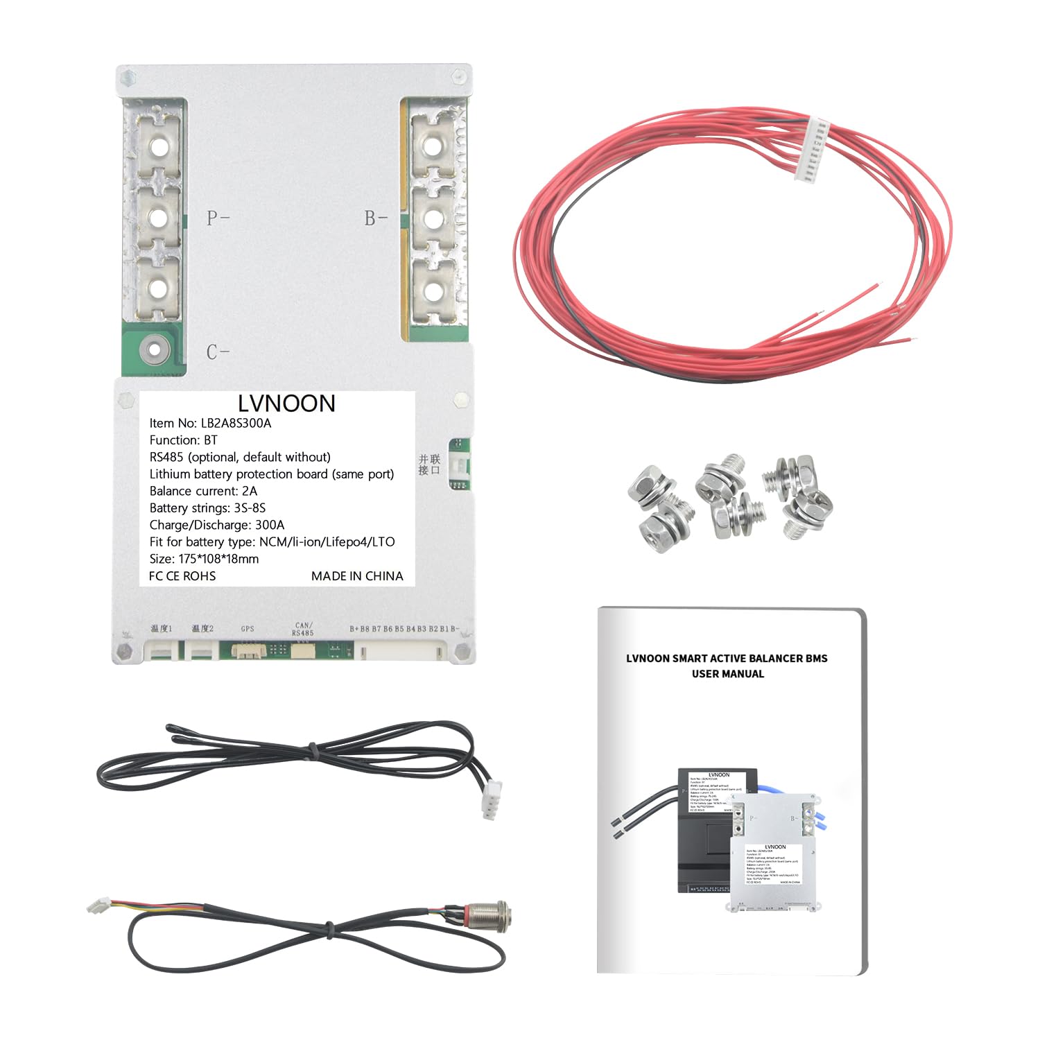 LB2A Smart active balancer BMS for Li-ion NCM LFP LiFePo4 LTO Battery Management System 3S to 24S 150A 200A 300A with APP control 12V 24V 48V 60V 72V 84V (7-24S, 200A) (300A, 3-8S)