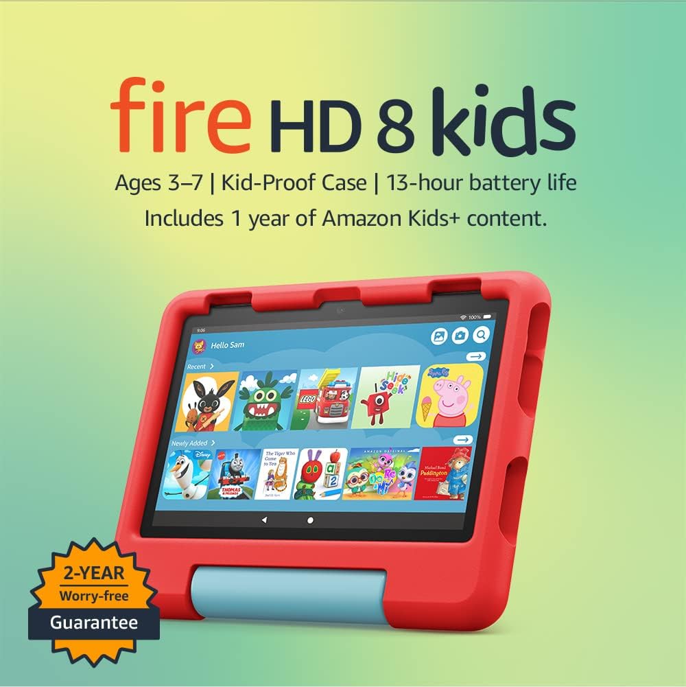 Amazon Fire HD 8 Kids tablet | 8-inch HD display, ages 3–7, includes 2-year worry-free guarantee, Kid-Proof Case, 32 GB, 2022 release, Red