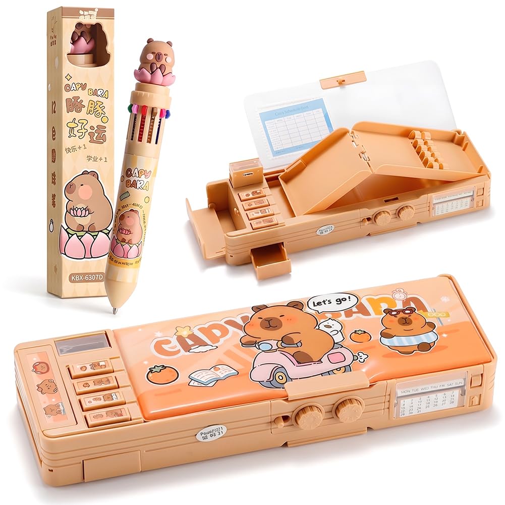 Spiritzohic Unisex Multicolor Cute Capybara Themed Stationery Set, Multi-Functional Password Pencil Case Pop Up Pencil Case With Lock And 12-Color Retractable Pen Cartoon Pen Box Organizer Stationery For School Teens Girls Boys
