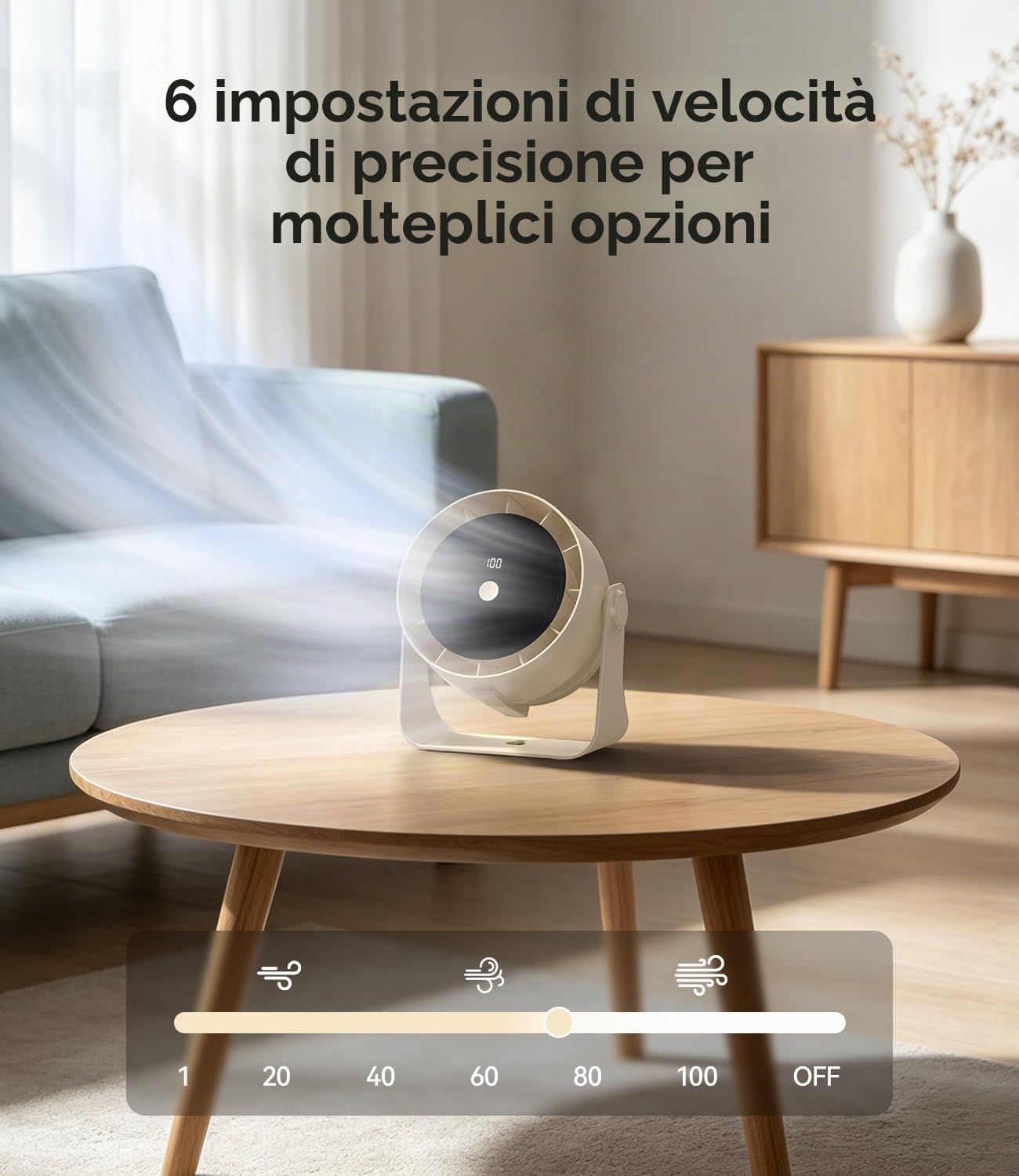 Ventilatore da Tavolo Portatile 4000mAh, 1-100 Velocità con LED Display, Silenzioso 30dB, 360° Regolabile, USB Type-C Ricaricabile – Per Ufficio, Camera, Campeggio, Sospendibile (Beige)