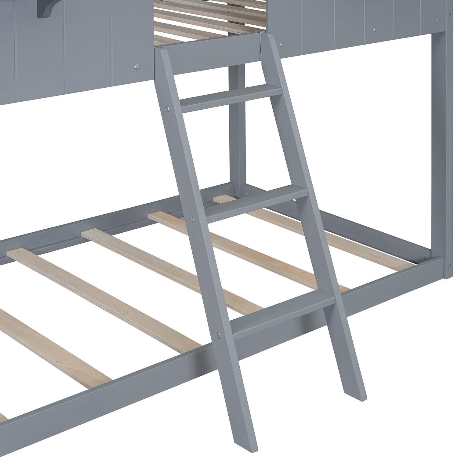 Twin Over Twin Bunk Bed for Kids with Roof, Windows, Ladder & Guardrails, Wood Playhouse Style Bunk Bed Frame for Children, No Box Spring Needed, Grey