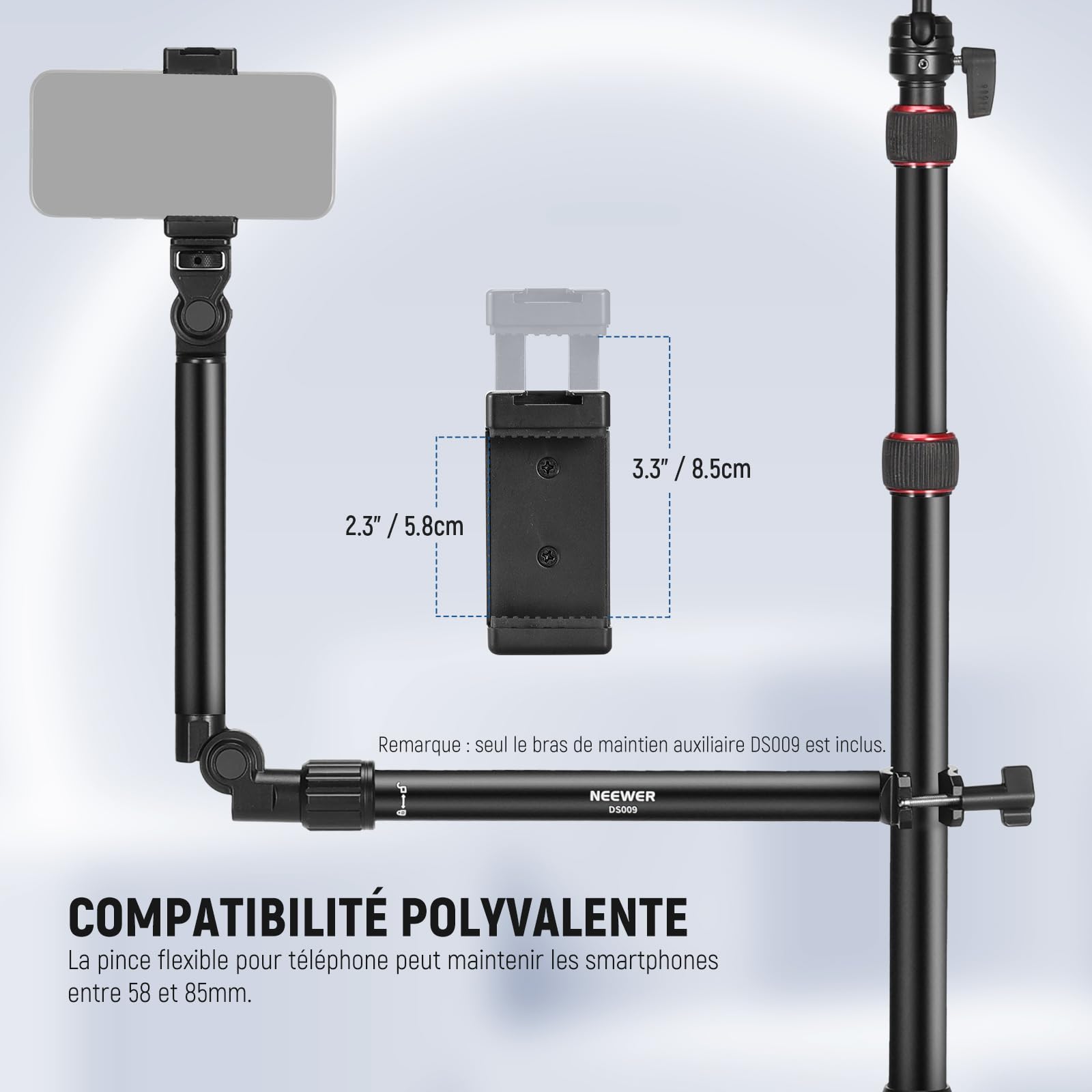 NEEWER Bras de Support de Caméra Aérien 56 cm 180° 360° Flexible 2 Sections pour Bureau Tube 2,2-2,8 cm Charge 2,5 kg