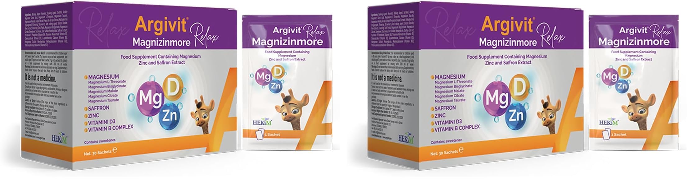 Argivit Magnizinmore Relax Magnezyum, Çinko ve Safran Ekstresi İçeren Takviye Edici Gıda 30 Saşe Vitamin (2 paketi)