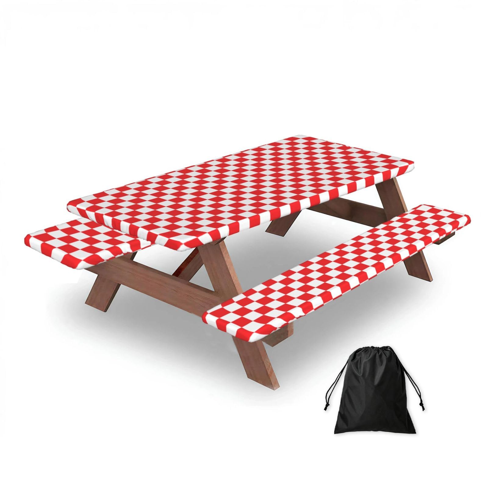 Dopklna As Picture Red And White Checkered Nature, Picnic Table Cover With Bench Covers -Waterproof Elastic Fitted Tablecloth For Garden Camping Patio 76X152cm