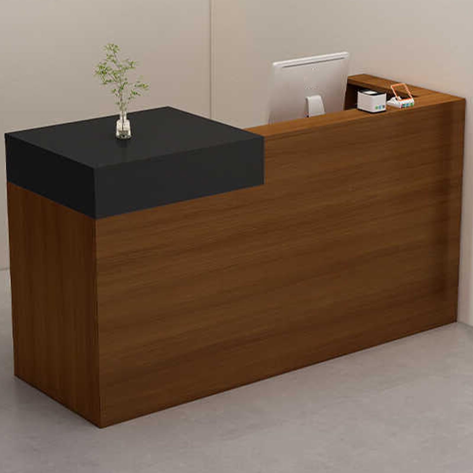 Empfangstresen, Kassentheke, Büroschranktisch mit Schubladen, Empfangstresen aus Holz mit Schublade und Aufbewahrungsschrank, Computer-Empfangstresen mit umlaufender Seitenwand - Schwarz/Bra