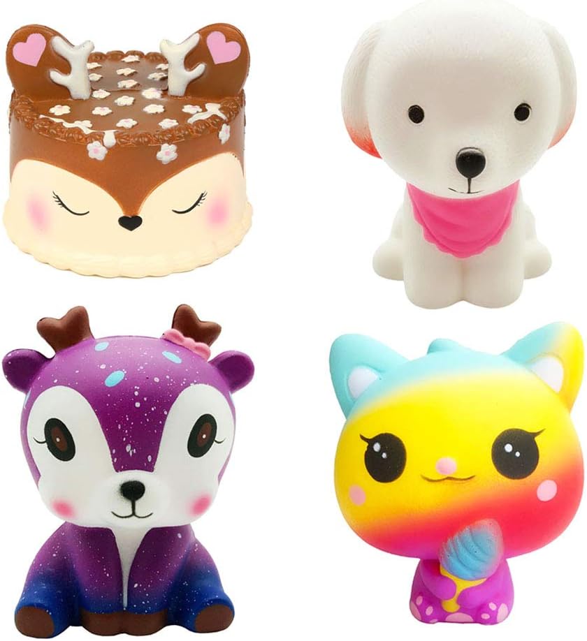 Kayoon 4 Pcs Jumbo Squishies Slow Rising Toys Kawaii Deer Cake,Pink Dog,Galaxy Deer,Ice Cream Cat Squishys Pack for Kids Stress Toy and Party Favors