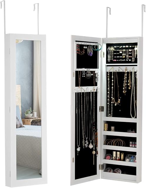 COSTWAY LED Lights Jewelry Cabinet, Door Hanging/Wall Mounted Jewelry Armoire with Full Length Mirror, Cosmetics Makeup Jewellery Storage Organiser Unit for Bedroom Dressing Room