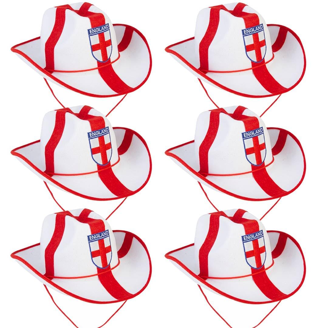 England Cowboy Hat - 6 Pack - St George Cross Western Fancy Dress Hat English Flag Party Accessory for Rugby Cricket Football World Cup Euros St George’s Day Festivals and Sporting Events