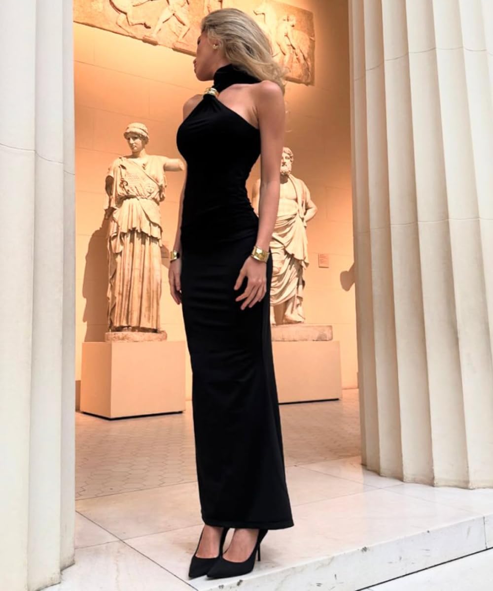 Vestido ajustado de cuello alto para mujer, casual, sin mangas, abertura en la espalda, elegante, para fiesta, cóctel, maxi vestido formal