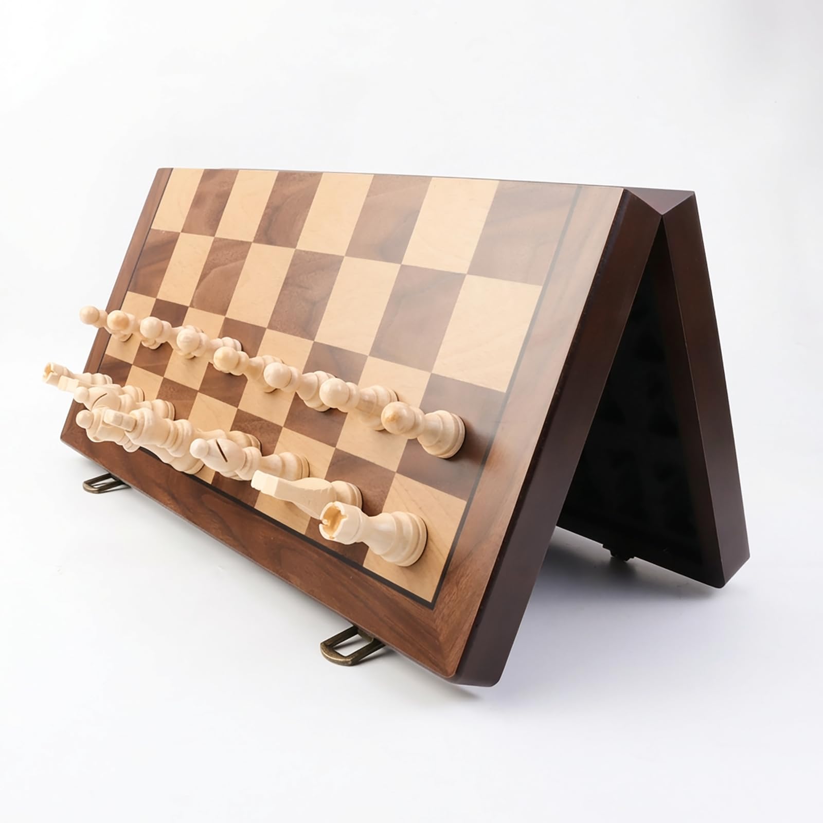 Photo 1 of 15 Inch Wooden Chess Set for Adults, Magnetic Folding Chess Board Game with Storage Slots, Handcrafted Wooden Pieces with 2 Extra Queens, Portable Chess Set in Gift Box for Home & Travel