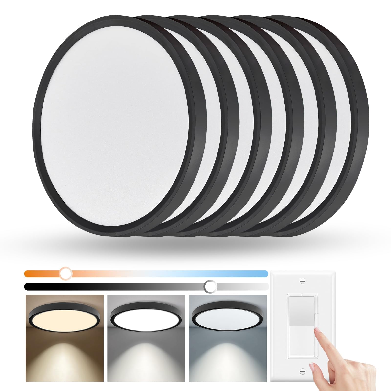 YELIOLED 6 Pack 12 Inch Slim Dimmable LED Flush Mount Ceiling Light Fixtures, 24W 2640LM 3000K/4000K/5000K, House Upgrade Led Lights for Bedroom Hallway Laundry Room Rental Units, 240W Equiv., Black