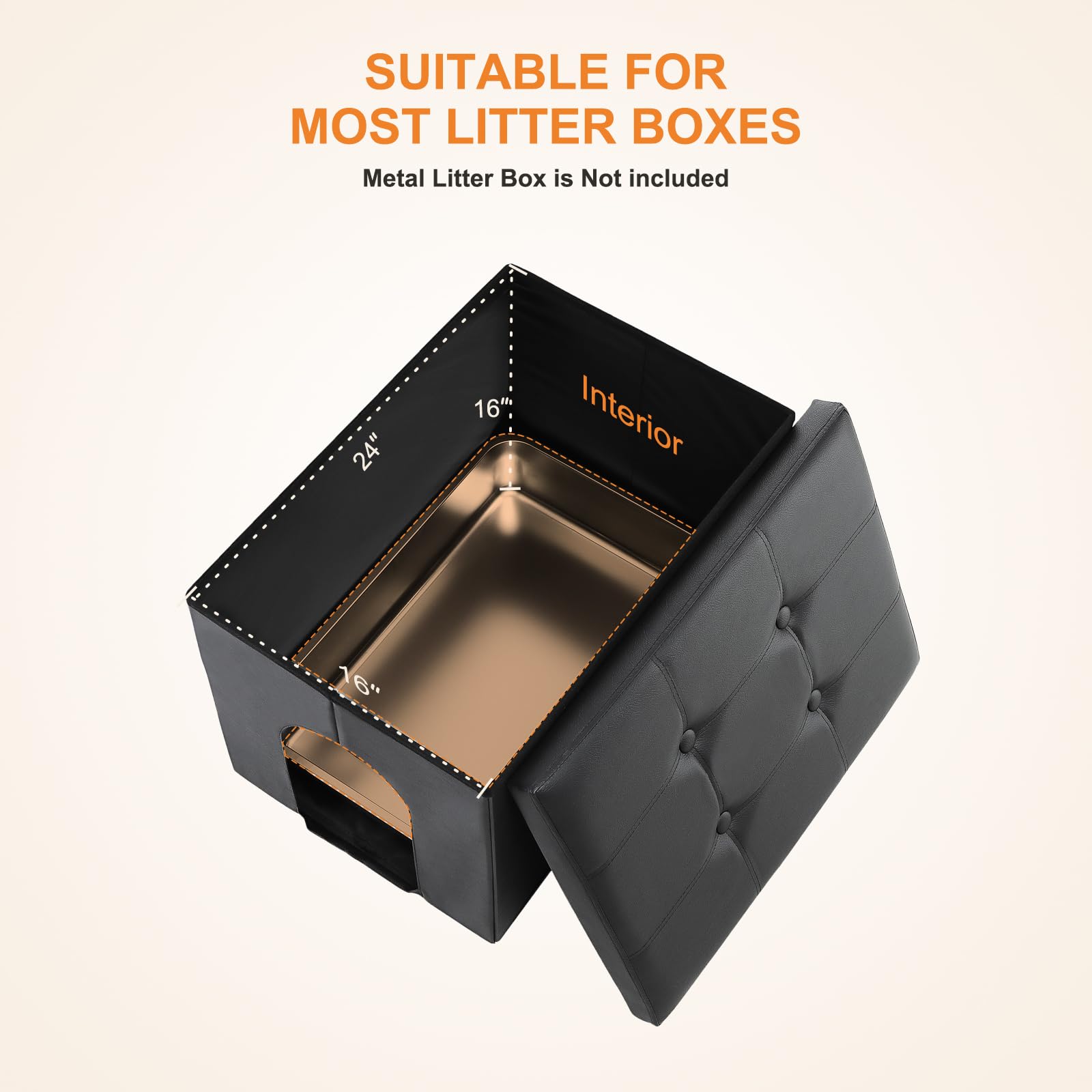MEEXPAWS Cat Litter Box Enclosure Furniture Hidden, Cat Washroom Bench Storage Cabinet |Large 25.6'' x 17.7'' x 17.7''| Dog Proof | Waterproof Inside/Easy Clean | Easy Assembly | Odor Control(Black) - image 3