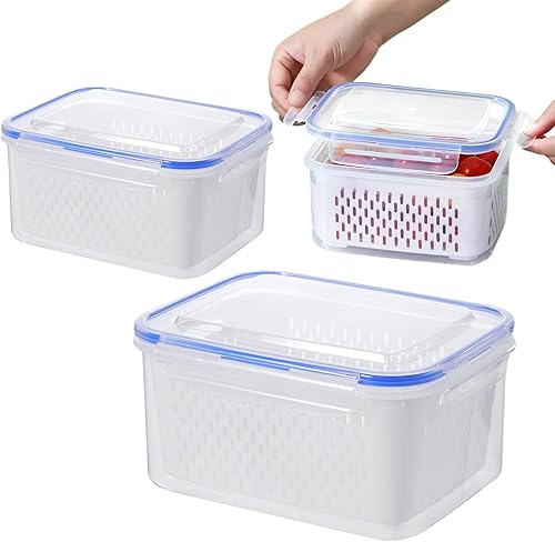 Fruit Saver Containers for Fridge - Food Organizer with Removable Colander - Meal Prep Box - for Microwave Freezer Fridge Kitchen Meal Prep Pantry