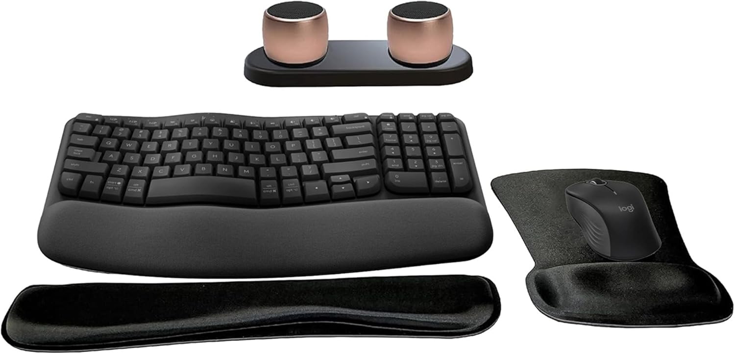 Logitech MK670 Comfort Wave Wireless Keyboard & Mouse Combo Travel Home Office Modern Bundle with Set of 2 Pro Portable Wireless Bluetooth Speakers, Charging Tray, Gel Wrist Pad & Gel Mouse Pad