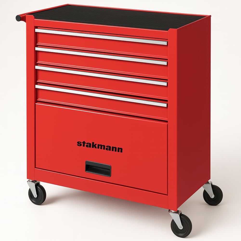 Carrello Portautensili con 4 Cassetti in Acciaio, Carrellino per Attrezzi Multiuso, Armadietto per Strumenti di Lavoro con Ruote Piroettanti, Ideale per Officine, Garage, Fai da Te (Rosso)
