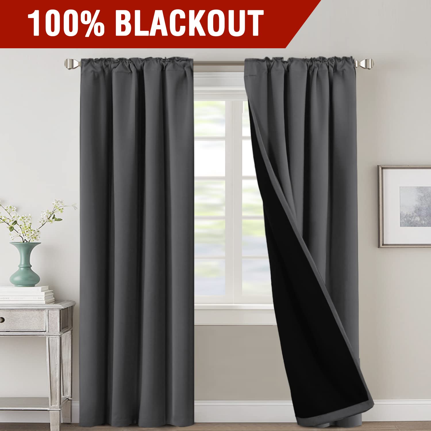 H.VERSAILTEX Cortinas 100% De Opacidad Para Dormitorio, Con Aislamiento Térmico, Cortinas Opacas De 54 Pulgadas De Largo, Con Bolsillo Para Cortinero, Cortinas Para Cocina Con Forro Negro, Juego De 2