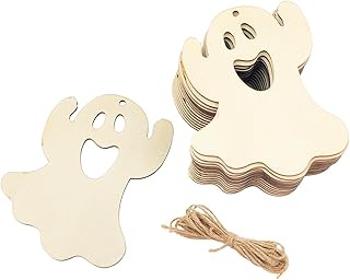 30 Pack 4 Inch Wood Ghost Cutouts Halloween Unfinished Wood Ghost Crafts Wooden Hanging Ornaments DIY Craft Gift Tags for Home Party Decoration
