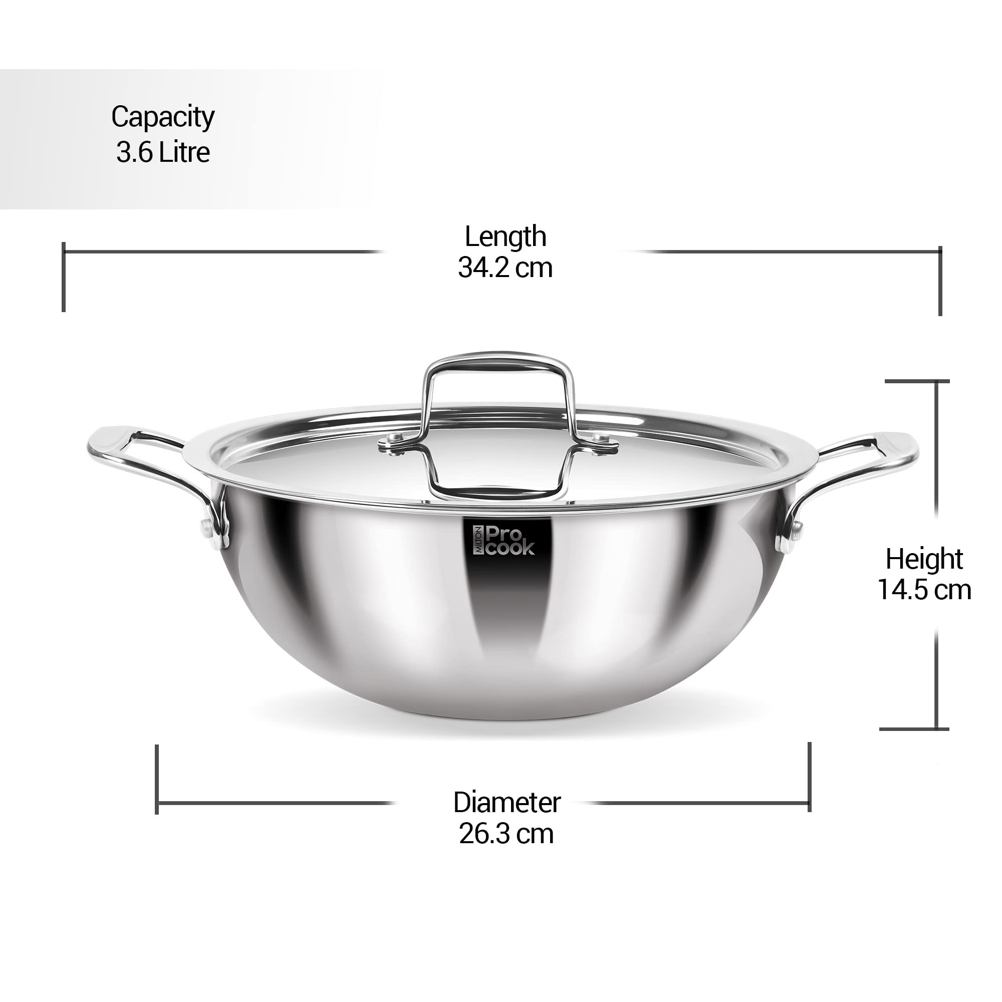 MILTON Pro cook Induction Cookware & Gas Stove Friendly Triply Stainless Steel Kadhai 3.5L (24 cm) with SS Lid | Deep Fry Pan | 3-Layer Durable Construction | Sturdy Handle | 3 Year Warranty | Silver 4