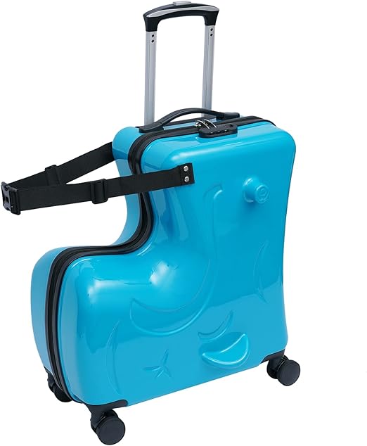 review LOYALHEARTDY 20 Inch Children's Ride On Trolley Luggage Portable Kid Luggage Universal Wheel Luggage Carry On Luggage Children Travel Rideable Funny Suitcase Kid Gift, Blue