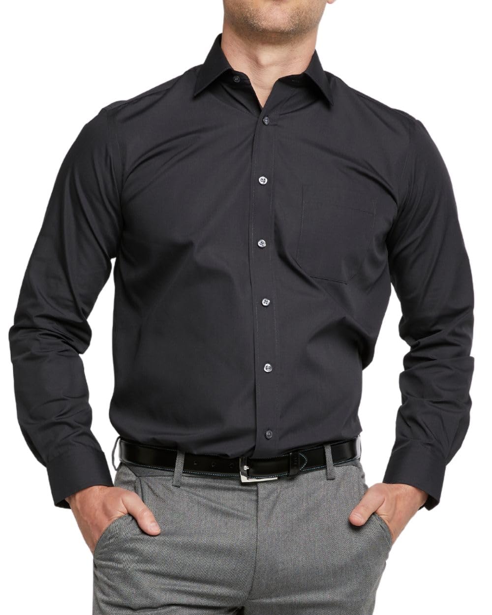 Double Two Men's Shirts Long Sleeve Smart Casual Regular Fit Wedding Work Cotton Blend Shirt Black
