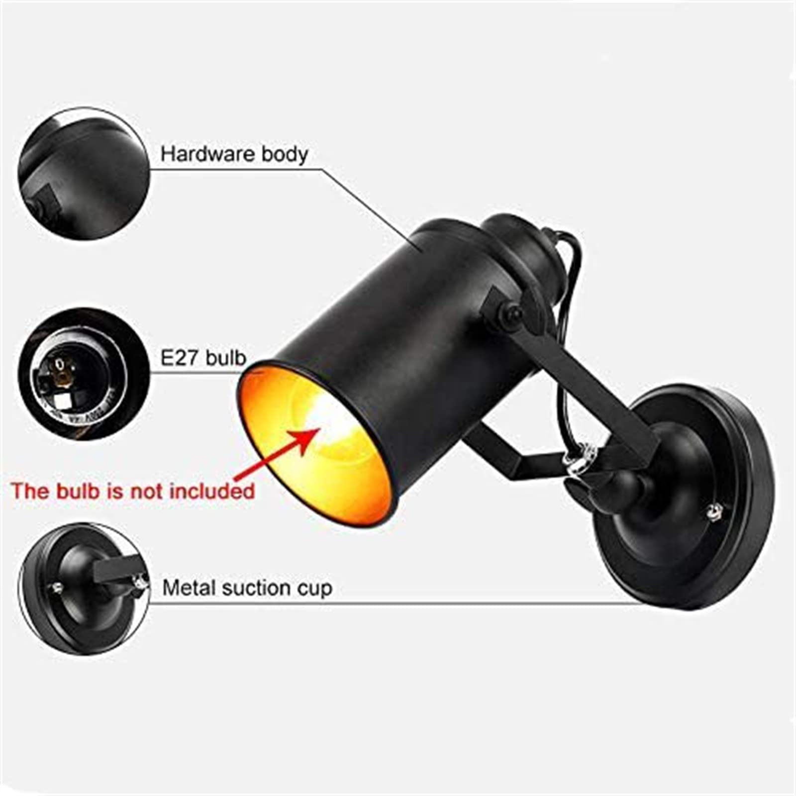 E27 Intérieur Rétro Applique Murale avec Interrupteur+Fil+Prise Lampe Murale Vintage Rotatif 180° Applique de Lit Industriel Noir Luminaire Mural pour Chambre à Coucher Bureau Lit Couloir (2 Pièces)