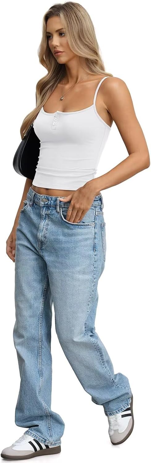 Womens Cotton Camisole Crop Tops Square Neck Henley Tank Tops Fitted Y2K Going Out Cami Shirt Summer Fashion - Image 6