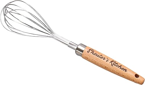Batidor personalizado con mango de madera de acero inoxidable, nombre grabado, logotipo, batidor de huevos, regalo personalizado para inauguración
