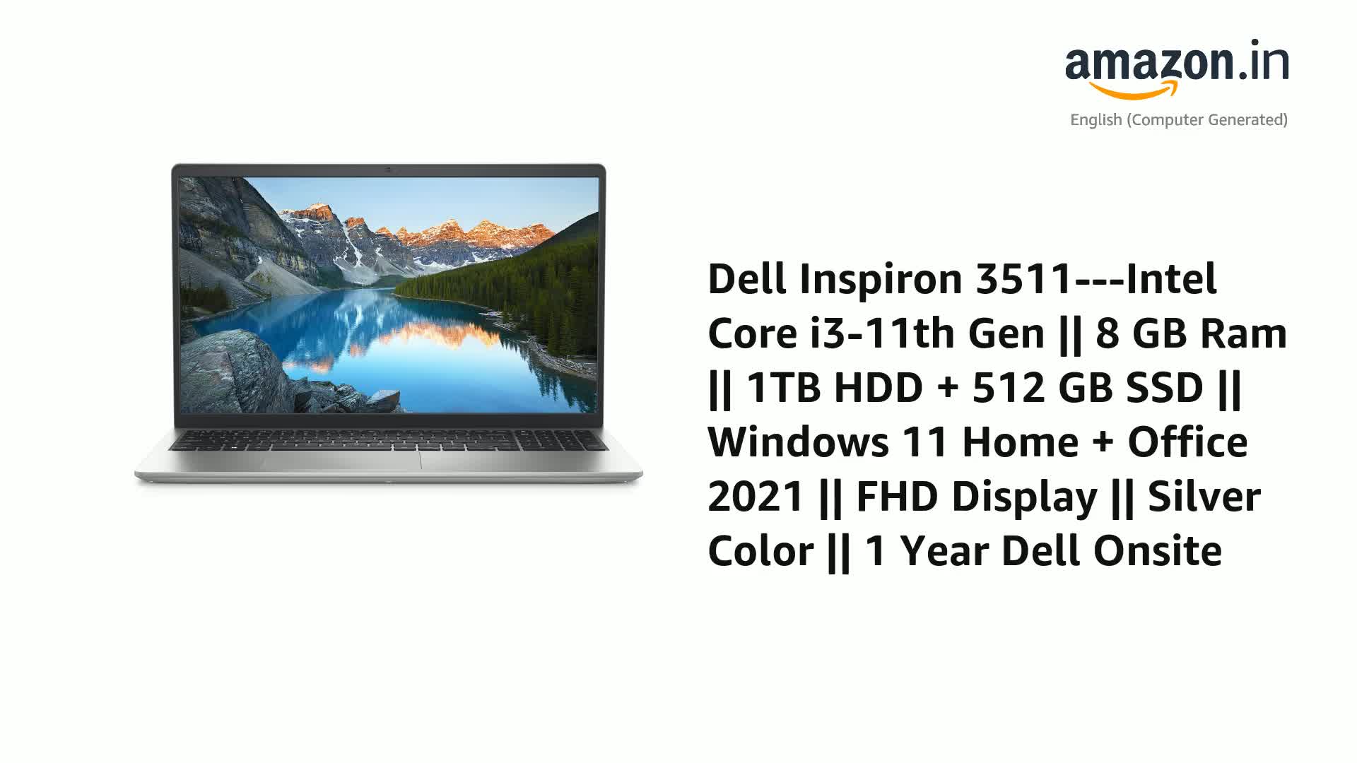 DELL ノートPC Core i3 Windows 11 8Th gen Dell Inspiron 3511 NB || Intel Core i3-11th Gen || 8 GB Ram
