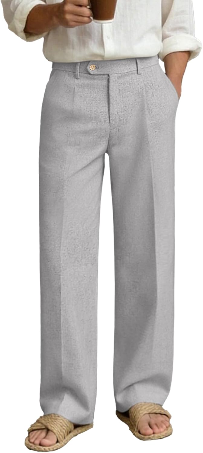 Susclude Mens Linen Casual Dress Pants Old Money Pleated Wide Leg Baggy Vintage Relaxed Fit Slacks Work Office Trousers