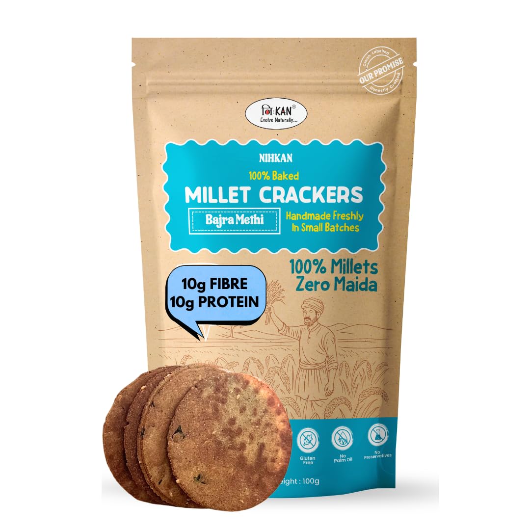NIHKAN Bajra Millet Crackers - Gluten free | No Maida | High protein | High Fibre - Handmade & baked | Healthy Millet snack | Chai time guilt free snacks - No Preservatives & No Baking soda - 100g (Bajra Methi Flavour)