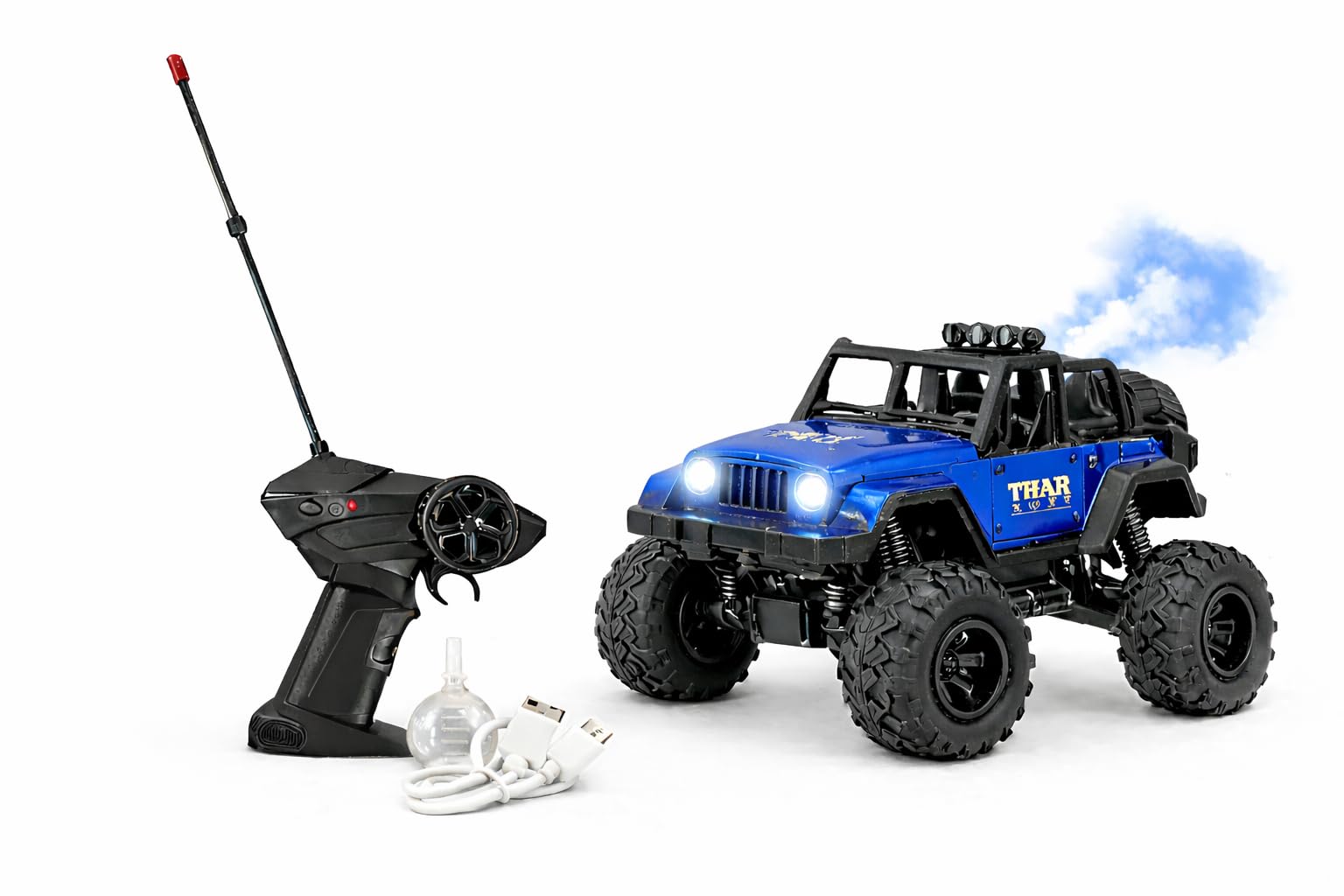 Brand Conquer 1:14 RC Car High Speed 2WD Monster Truck | Rechargeable Type-C Remote Control Car with Smoke Fog Effect | Metal Body,LED Lights,Off-Road Climbing Toy for Kids(Thar Roxx Mist Spray Blue)