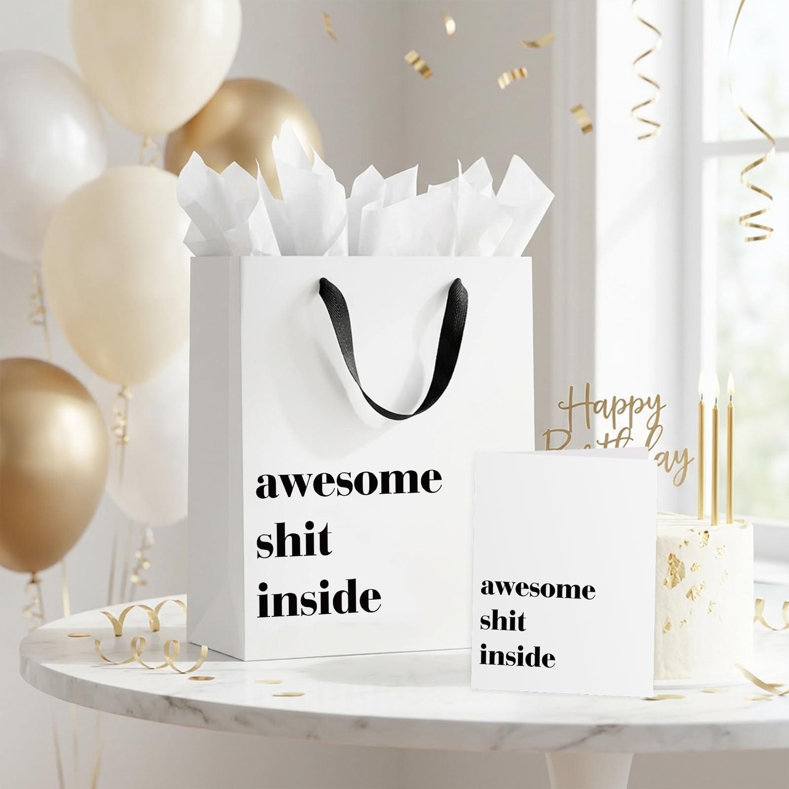 Loveinside 13" Large Funny Gift Bag, Minimalist White Awesome Sh*t Inside Bold Design with Tissue Paper & Card, Adult Humor Gift Bag for Friends, Coworkers, Birthday, Party, 10" x 5" x 13", 1 Pcs