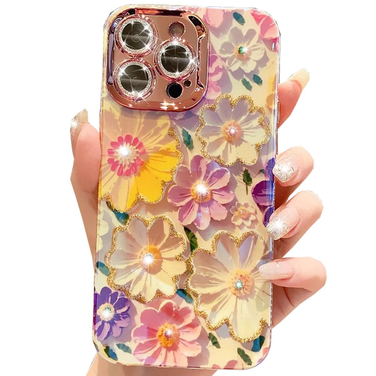Changjia Floral Case for iPhone 16 Pro, Cute Colorful Retro Oil Painting Printed Flower with Glitter Bling Sparkly Camera Protector Soft TPU