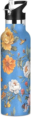 Miniatura 23 de Botella de agua deportiva aislada al vacío con diseño de orquídeas y orquídeas y tomillo, mantiene el calor y el frío, con popote a prueba de fugas,