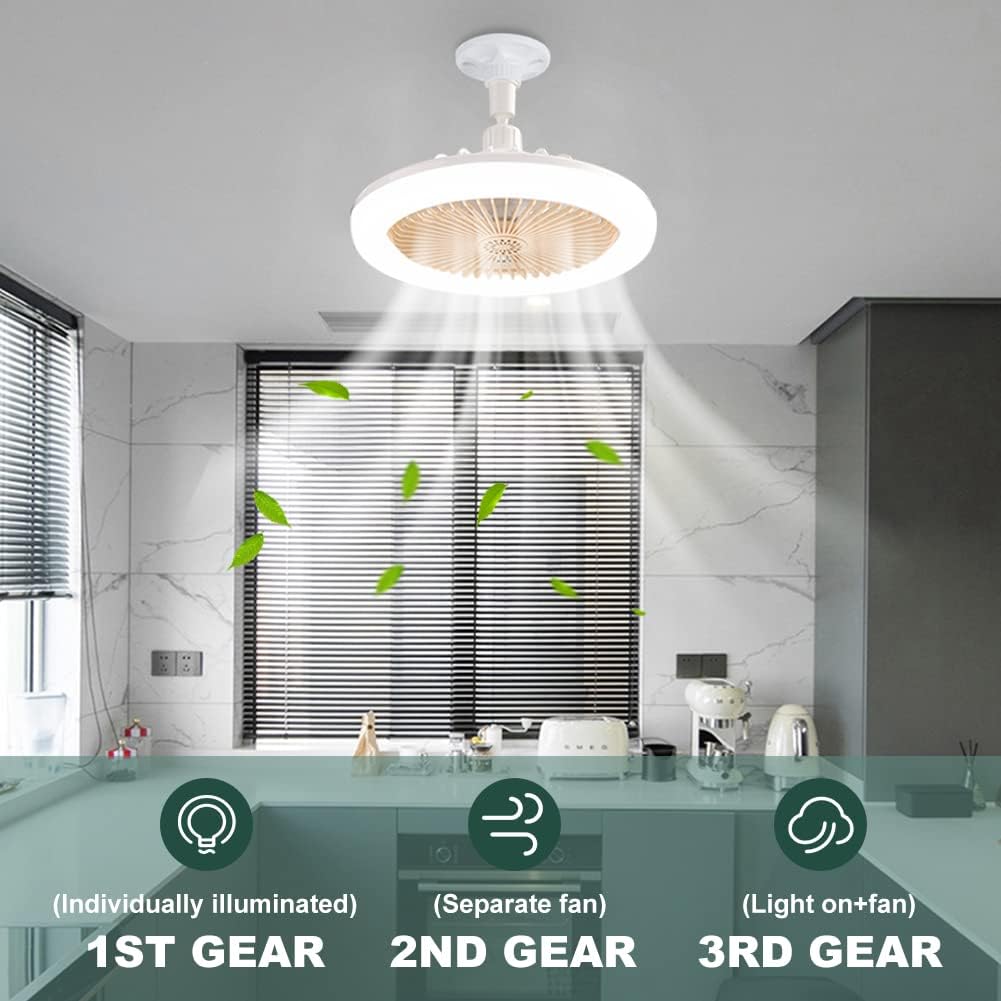 Socket Ceiling Fan With Lights Remote Control LED 9.8" Mini Flush Mount Ceiling Fan Small Enclosed Low Profile Ceiling Lighting Modern Screw In Light Fan For Kids Room Kitchen Bedroom (Yellow)