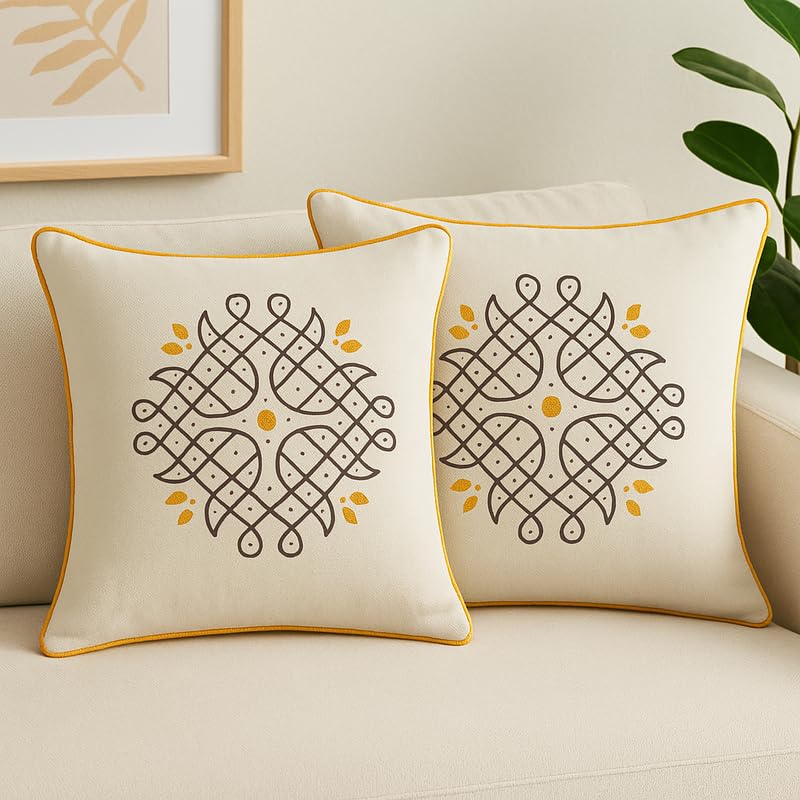 Cushion Pillow Cover 16 inch x 16 inch Cotton Hand Block Printed with Yellow Border Sofa Decorative Stitched Throw Pillow Covers with Zipper for Living Bed Room (Set of 2)-image-29