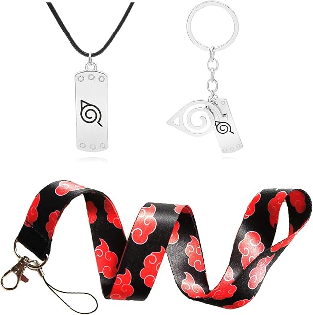 Tryfansty Naruto Keyring With Lanyard and Necklace Anime Keychain Leaf Village for Naruto Fans