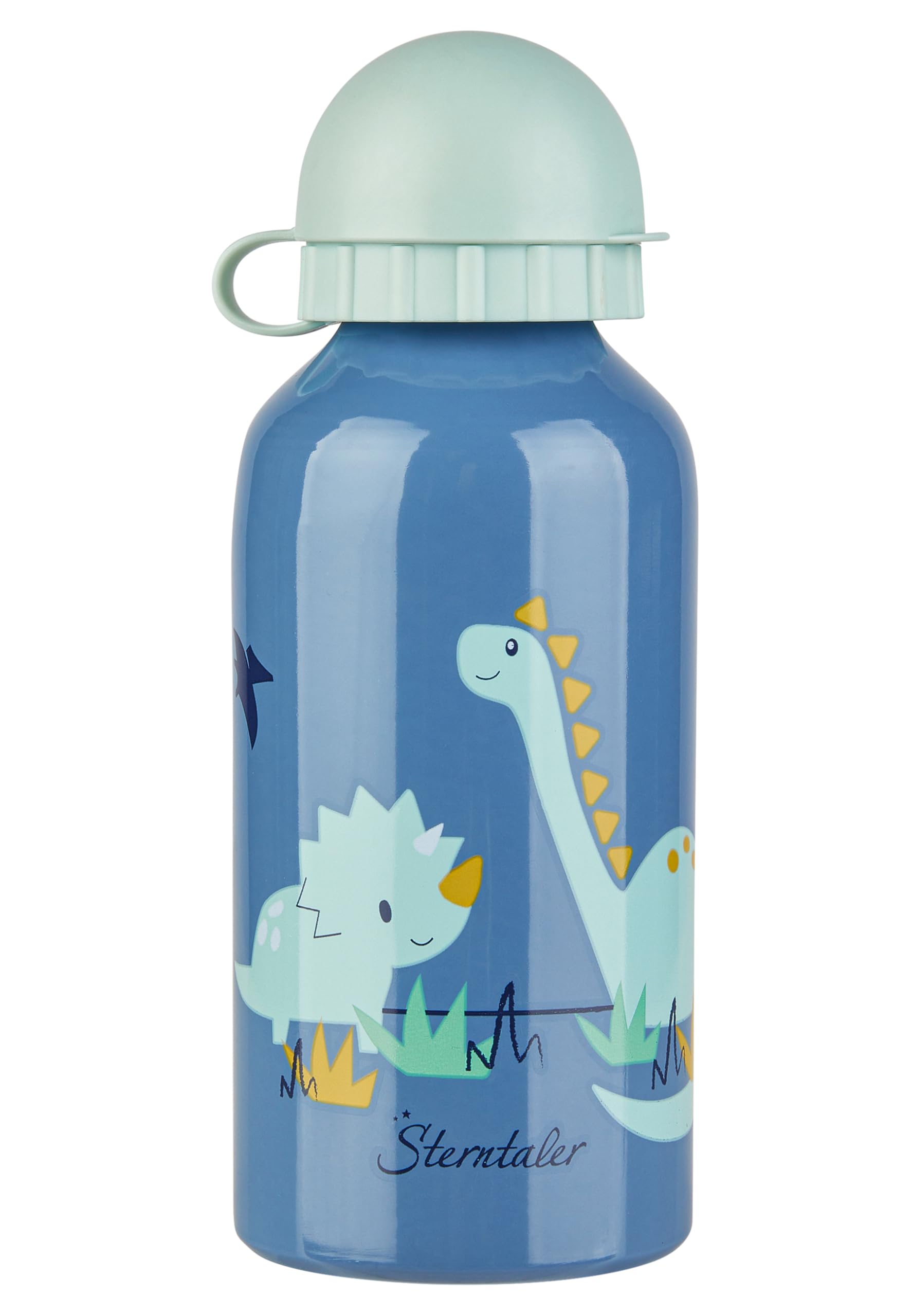 Sterntaler Gourde Dino Rexi - Pour enfant - En aluminium - Avec bouchon et capuchon de sécurité - Gourde de maternelle avec motif dinosaure - Pour la maison et les déplacements - Bleu moyen