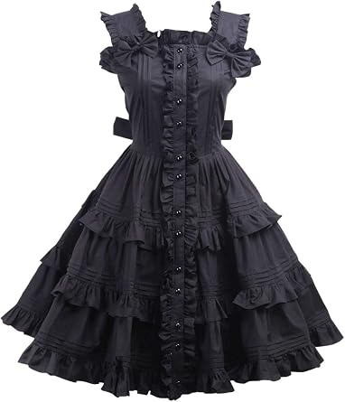 Antaina Black Cotton Bows Ruffle Retro Gothic Punk Lolita Cosplay Dress