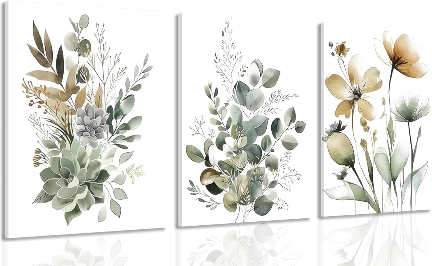 Zielone botaniczne płótno ścienne sztuka mądry zielony Boho kwiatowy plakat, obrazy do salonów, sypialni i biur (20 x 30 cm x 3/ramka wewnętrzna)