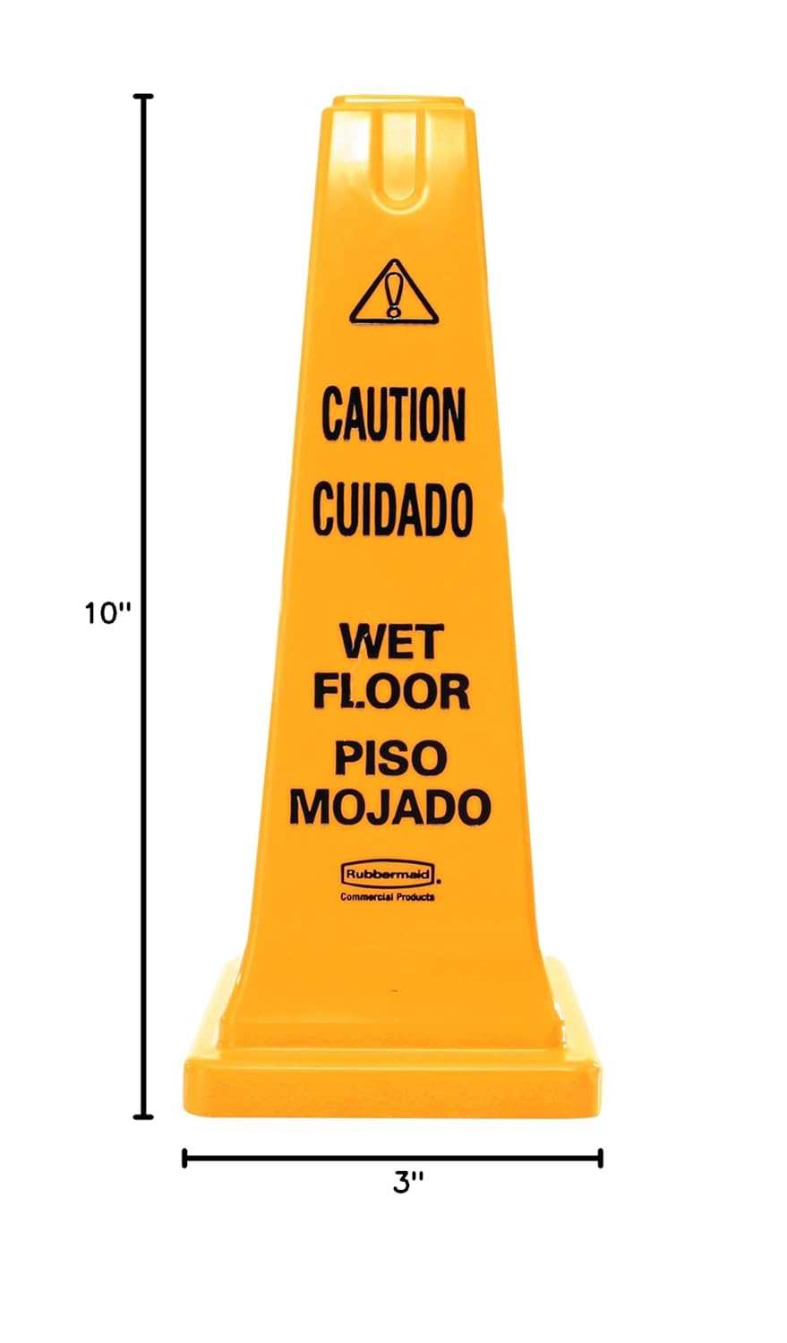 Rubbermaid Commercial Products Heavy-Duty Multilingual Caution/Warning Wet Floor Safety Cone for Restaurant/Grocery Store/Office/Facility/High-Traffic Area, Tall/Durable, 25", Yellow