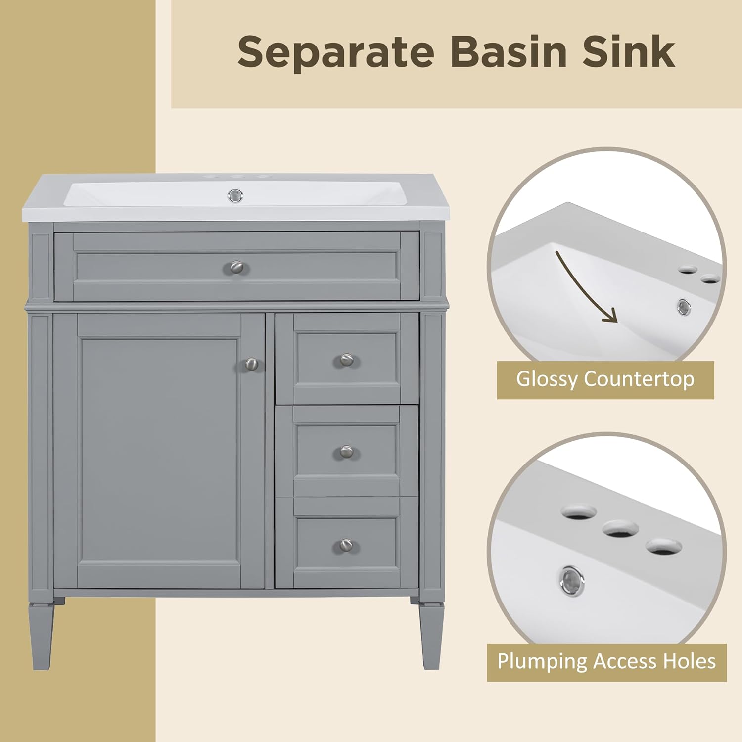 LUMISOL 30" Bathroom Vanity with Sink Combo, Modern Bathroom Storage Cabinet with a Tip-Out Drawer & 2 Drawers, Freestanding Bathroom Vanities with Undermount Sink, Grey