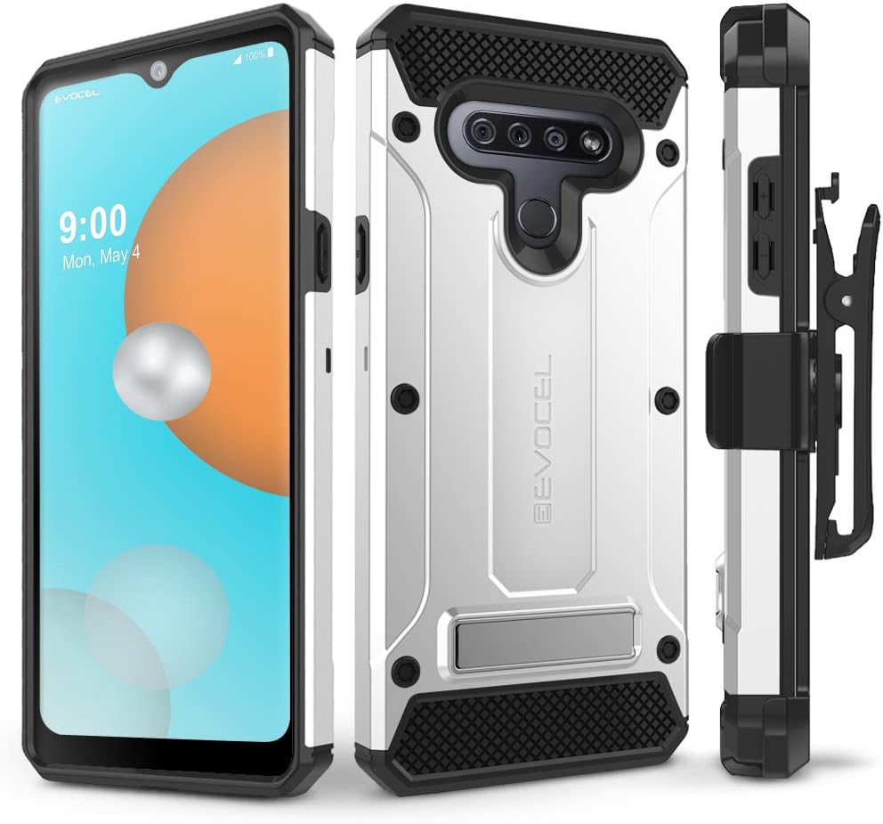 Evocel Explorer Series Pro Phone Case Compatible with LG K51 with Glass Screen Protector and Belt Clip Holster, Silver