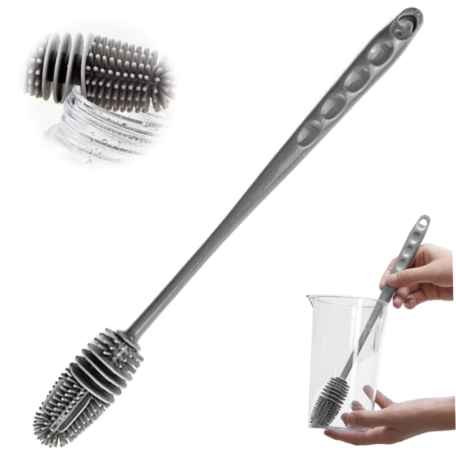 Fkngcp Grey Water Bottle Cleaner Brush 11" Flexible 360° Silicone Bottle Brush With Long Handle Scratch-Resistant Dishwasher Safe For Small Narrow Neck Containers