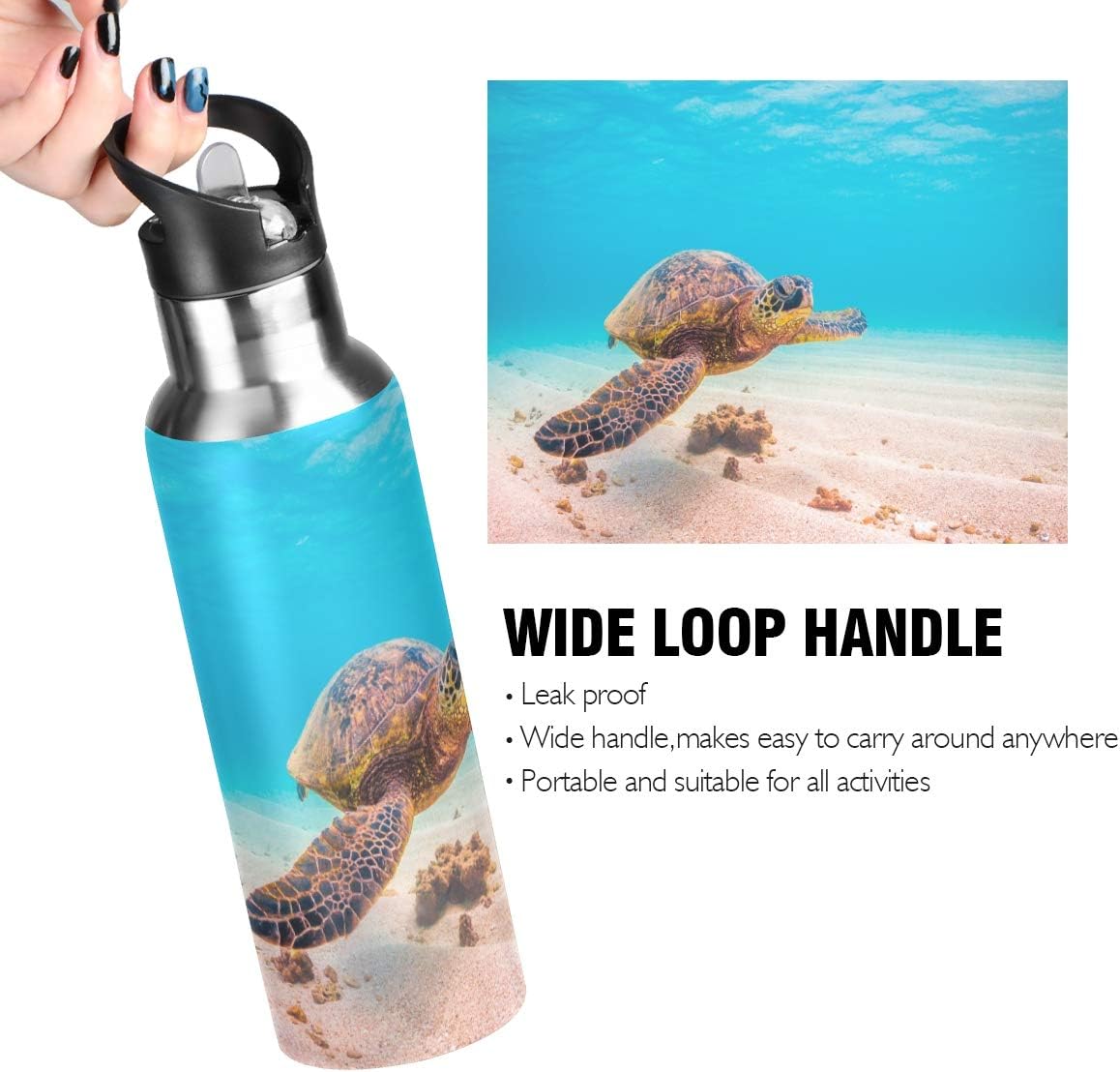Blueangle 22oz Hawaiian Green Sea Turtle Water Bottle, BPA Free Stainless Steel Water Bottle Leak-Proof Sports Bottle for Camping Workouts Gym and Outdoor Activity